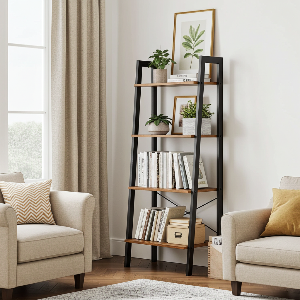 Elevate Rustic Wood & Metal 4-Tier Ladder Shelf Bookcase Storage Organizer