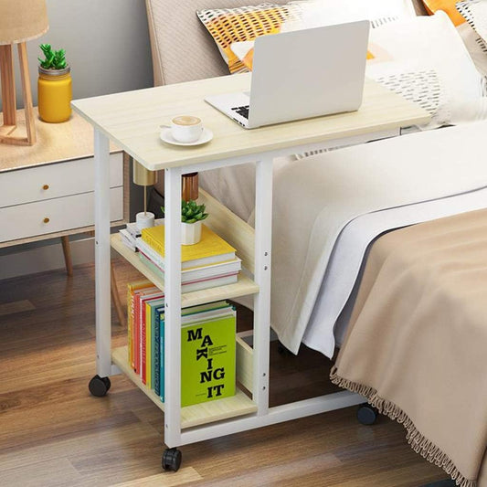 Supreme Sofa Bed Side Table Laptop Desk with Shelves & Wheels (White Oak)