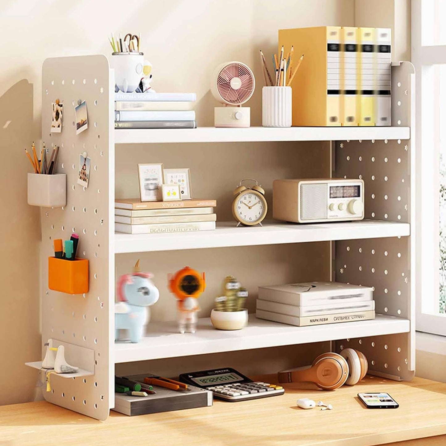 Multifunction Wooden Metal Desktop Bookshelf Pegboard Organizer Rack (White)
