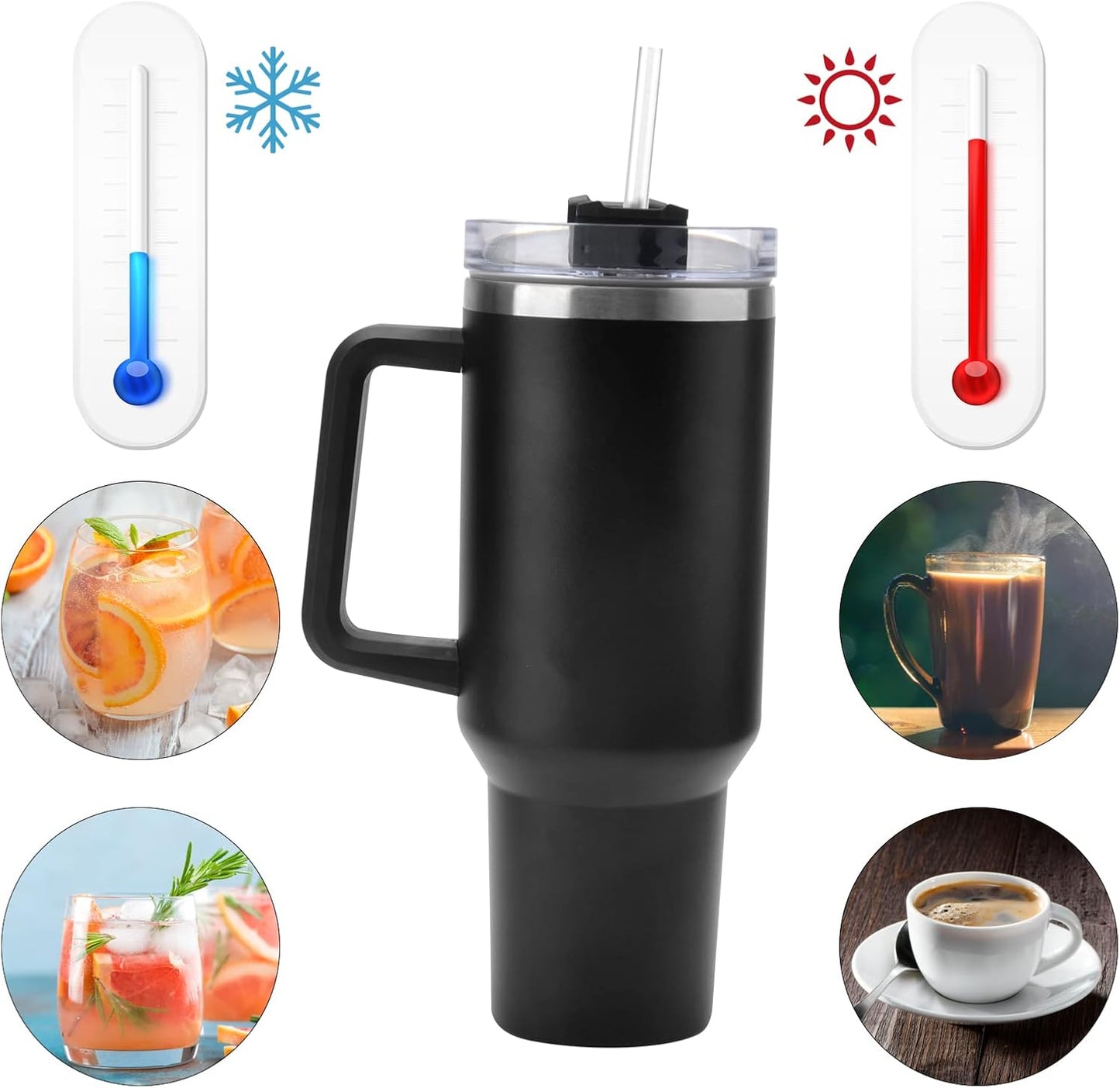 40oz Stainless Steel Insulated Tumbler with Handle Straw Travel Mug (Black)