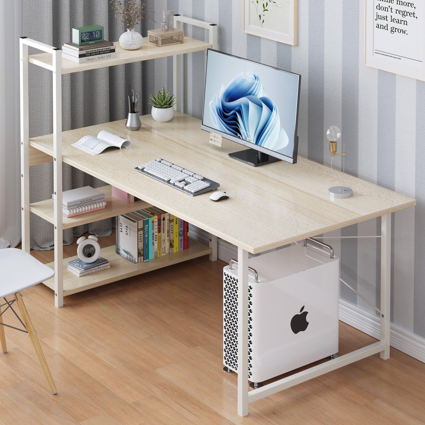 Exceeder Large Workstation Wood & Steel Computer Desk with Storage Shelves (White Oak)