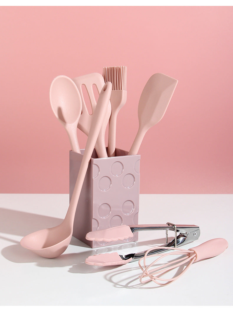 8PC Silicone Kitchen Cooking Utensil Set Non-stick Cookware Tools with Holder (Pink)