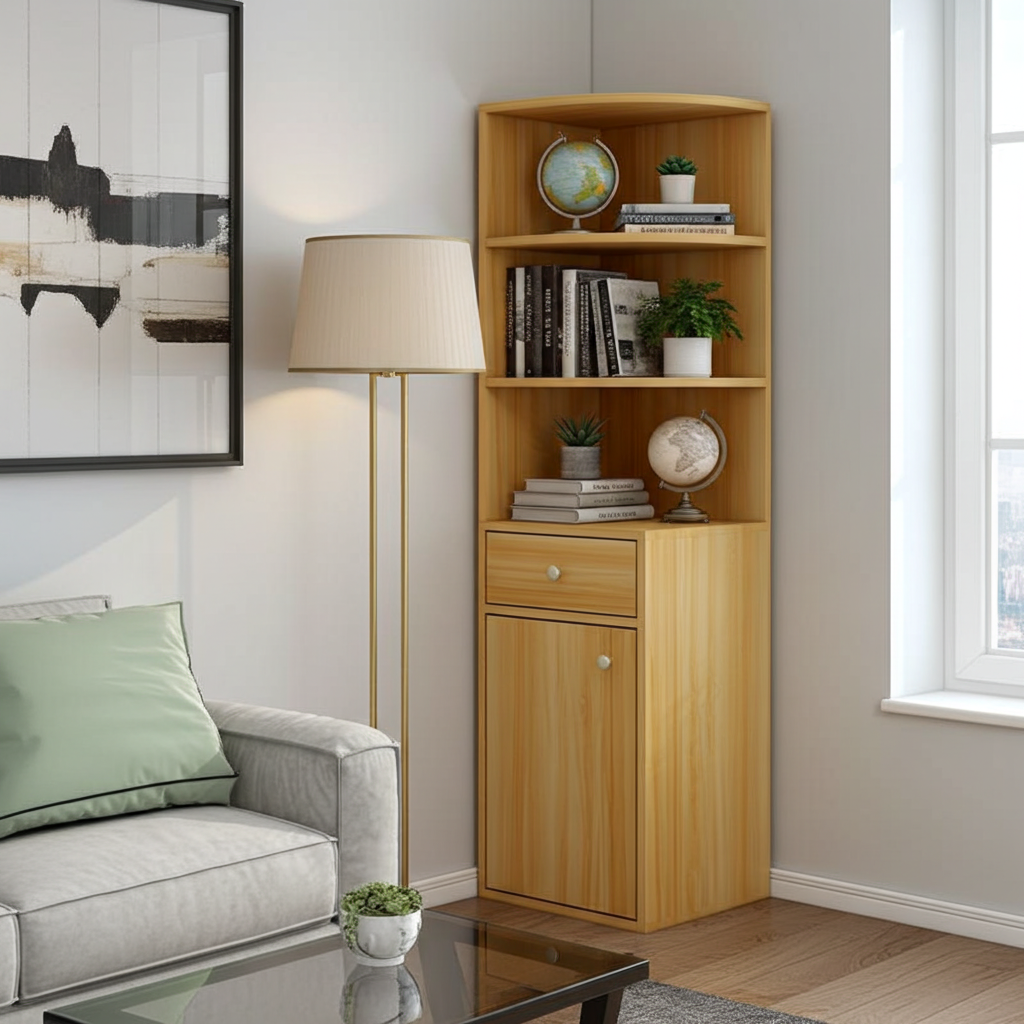 Vision Stylish Wooden Corner Shelf Unit with Cabinet & Drawer (Oak)