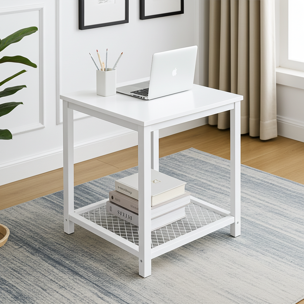 Loft White Industrial Wood & Steel Side Table with Storage Shelf