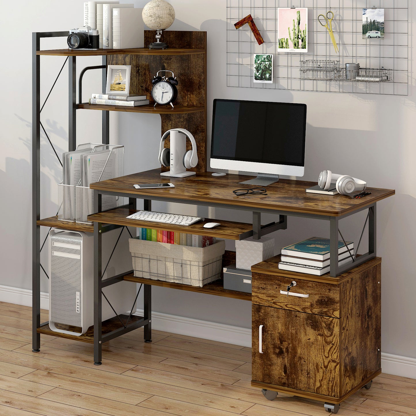 Prime Multi-function Computer Desk Workstation with Shelves & Cabinet (Rustic Wood)