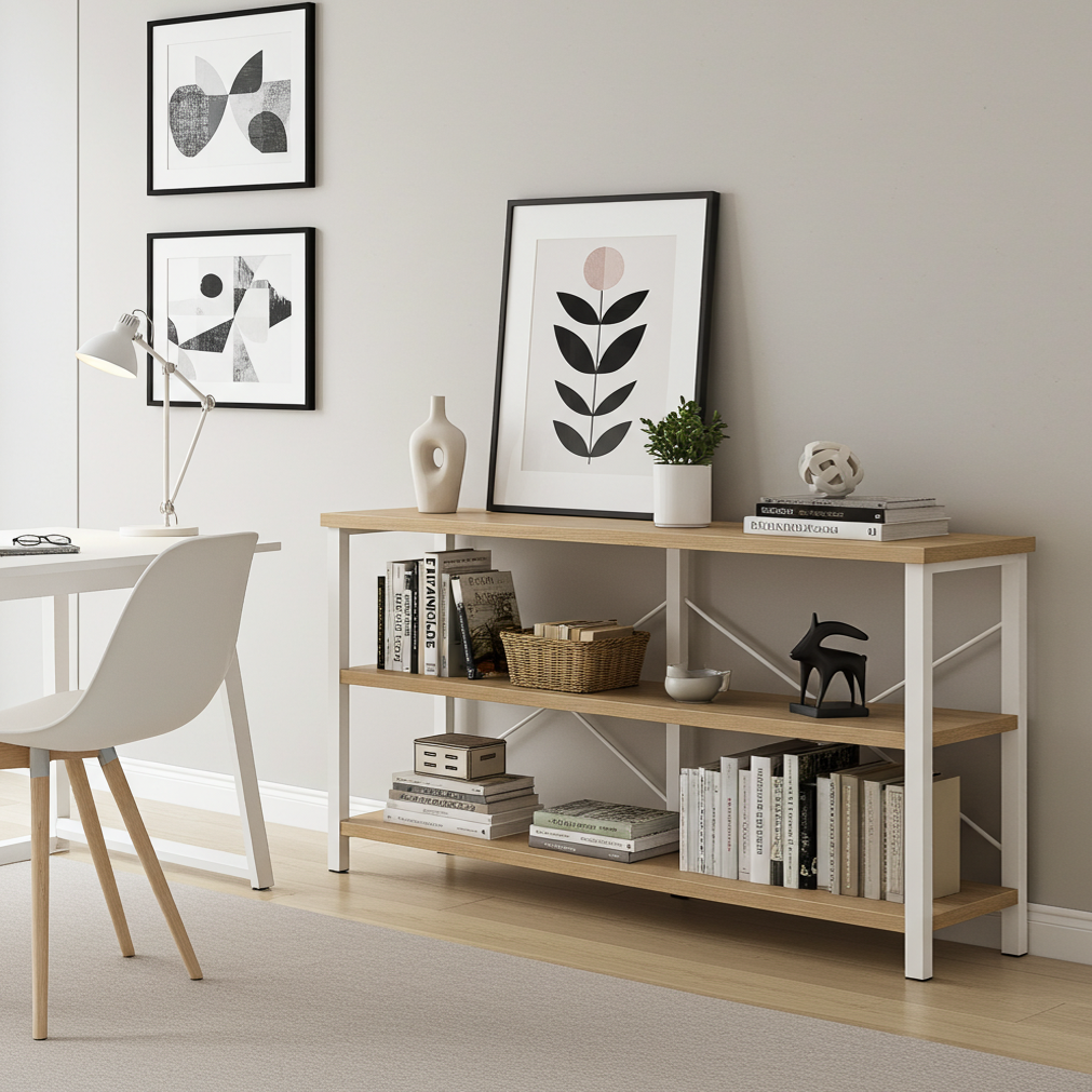 Serenity Industrial Console Table Bookcase TV Stand Storage Shelf Unit (Coastal Oak)
