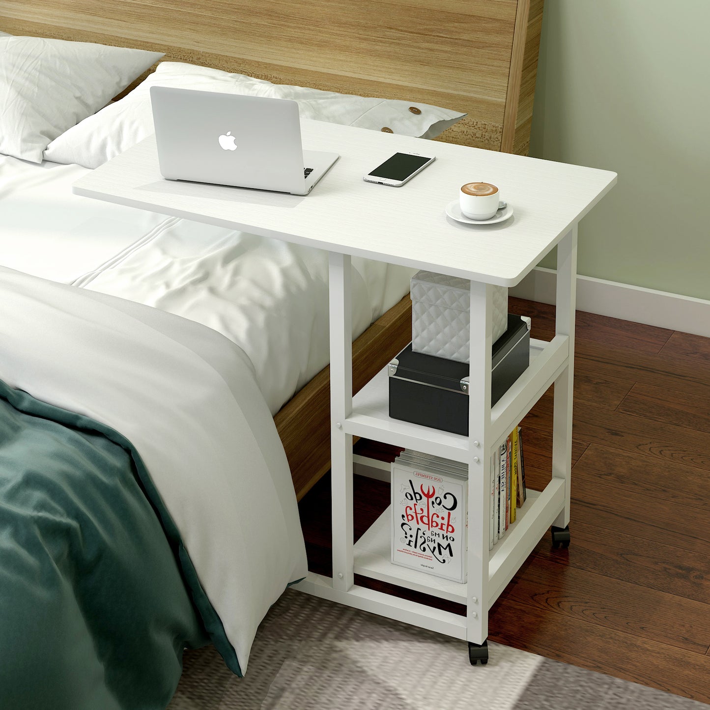Large Supreme Sofa Bed Side Table Laptop Desk with Shelves & Wheels (White)