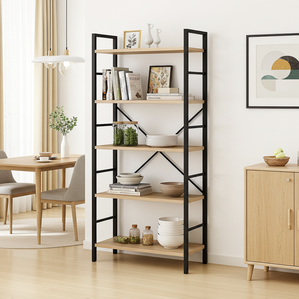 5 Tier Multifunction Heavy Duty Bookcase Wood & Steel Storage Shelf Organizer (Coastal Oak)