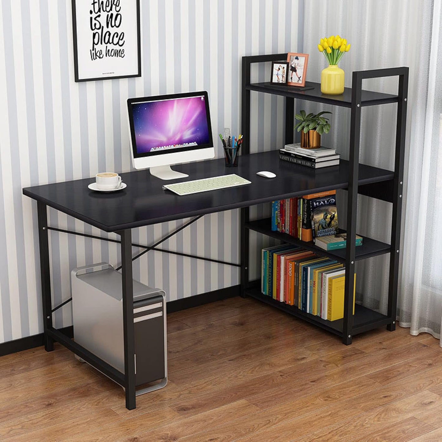 Exceeder Large Workstation Wood & Steel Computer Desk with Bookcase (Black)