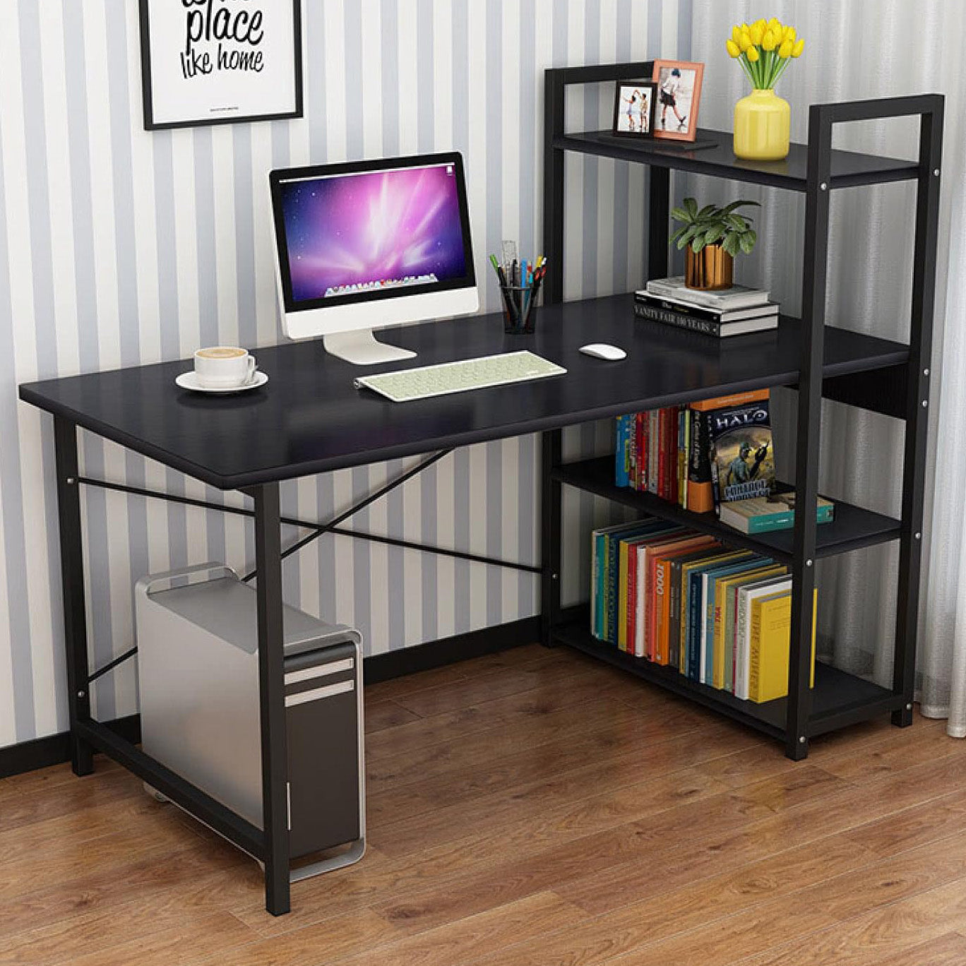 Exceeder Large Workstation Wood & Steel Computer Desk with Bookcase (Black)