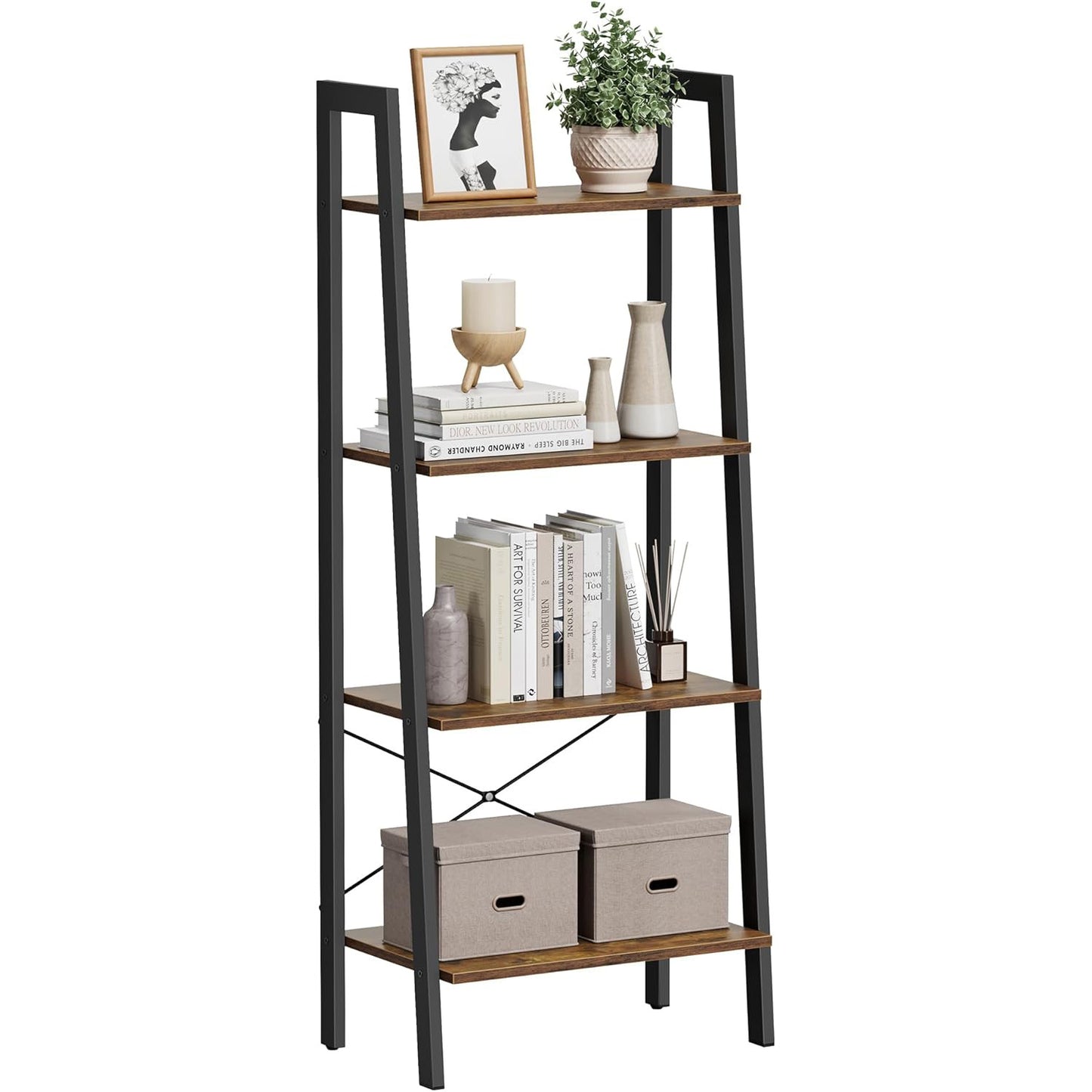 Elevate Rustic Wood & Metal 4-Tier Ladder Shelf Bookcase Storage Organizer