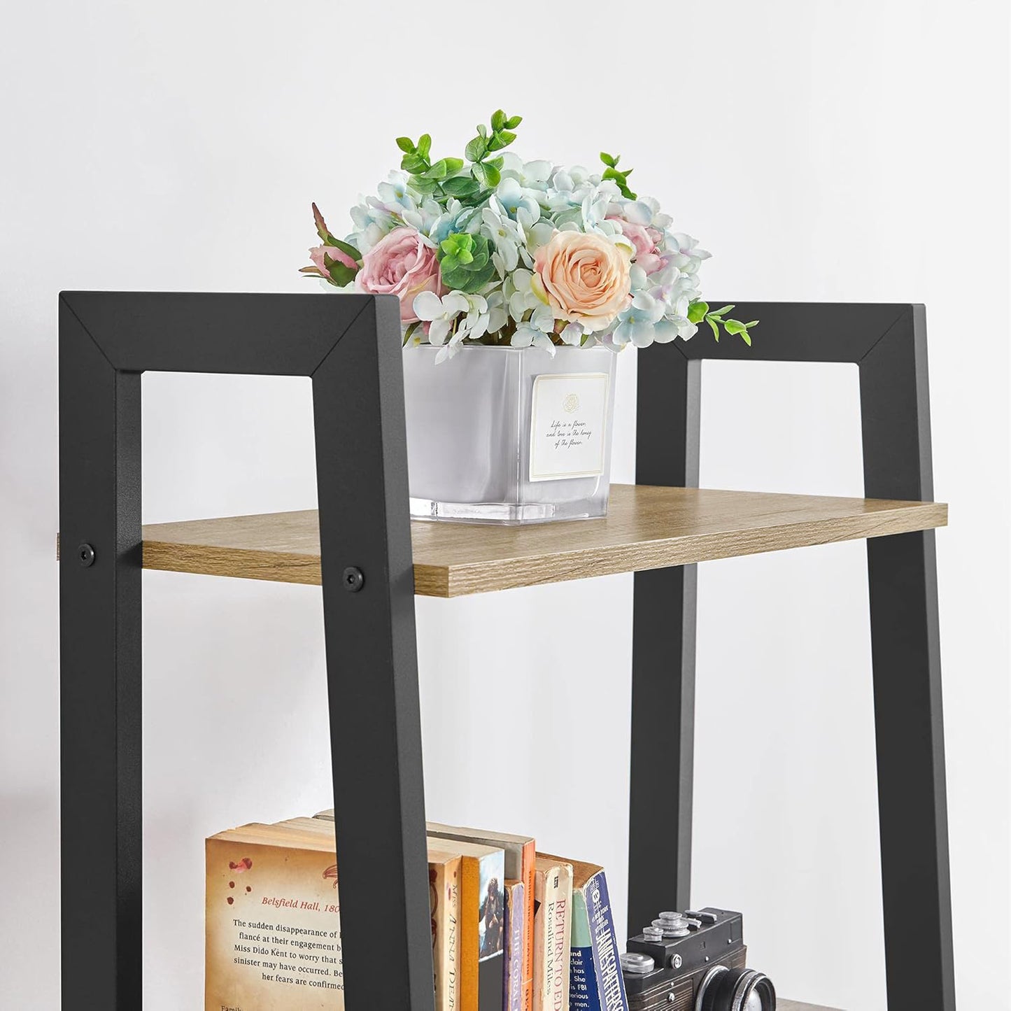 Elevate Rustic Oak 4-Tier Ladder Shelf Wood & Metal Bookcase Storage Organizer