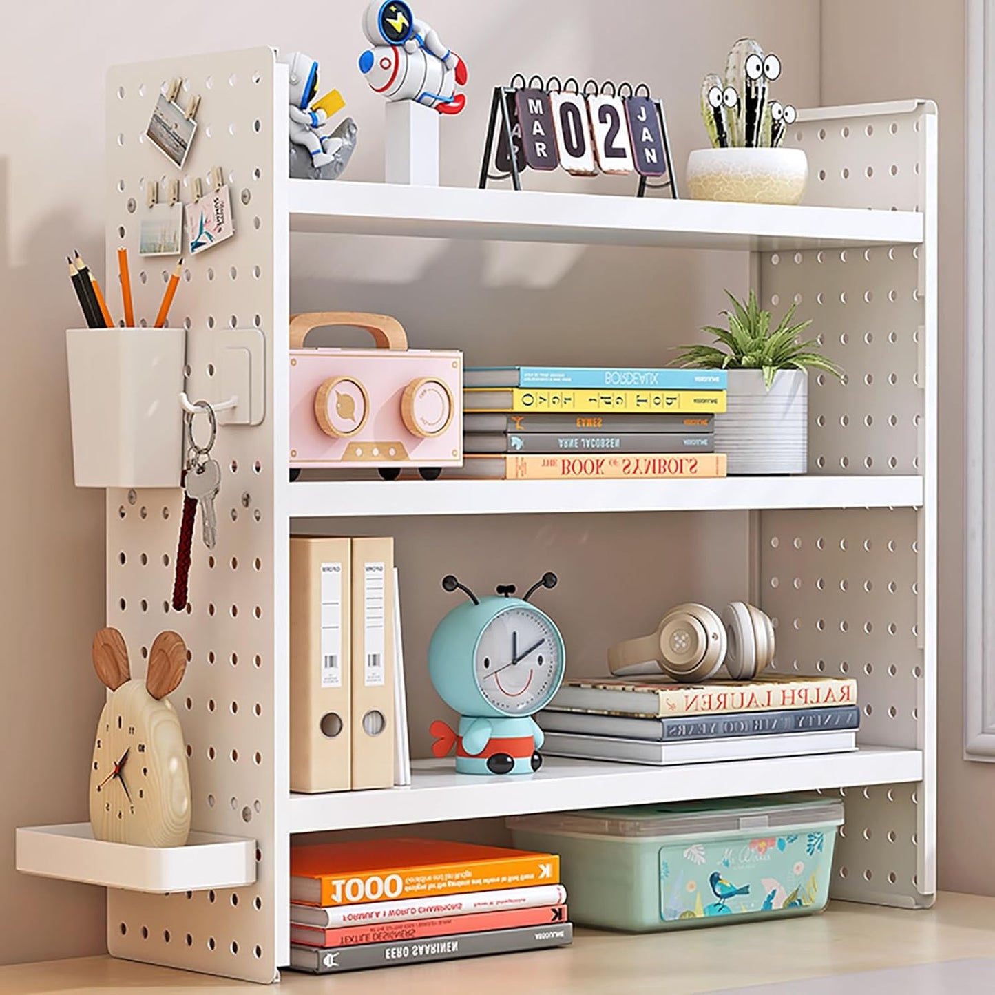 Multifunction Wooden Metal Desktop Bookshelf Pegboard Organizer Rack (White)