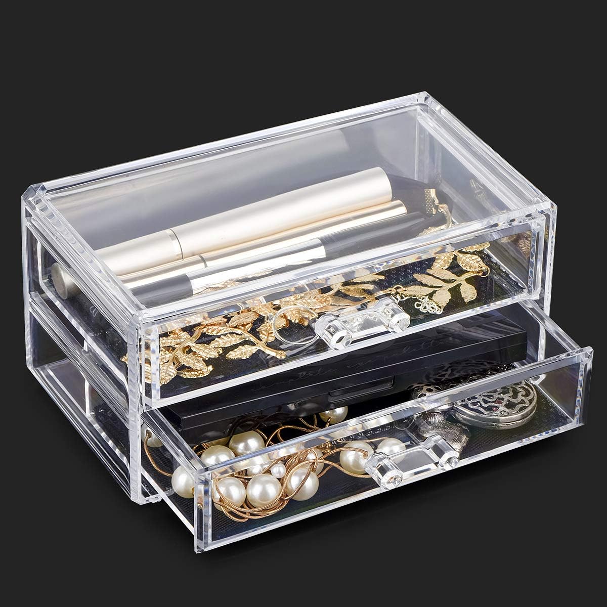 2- Drawer Crystal Cosmetic Organizer Clear Jewellery Box