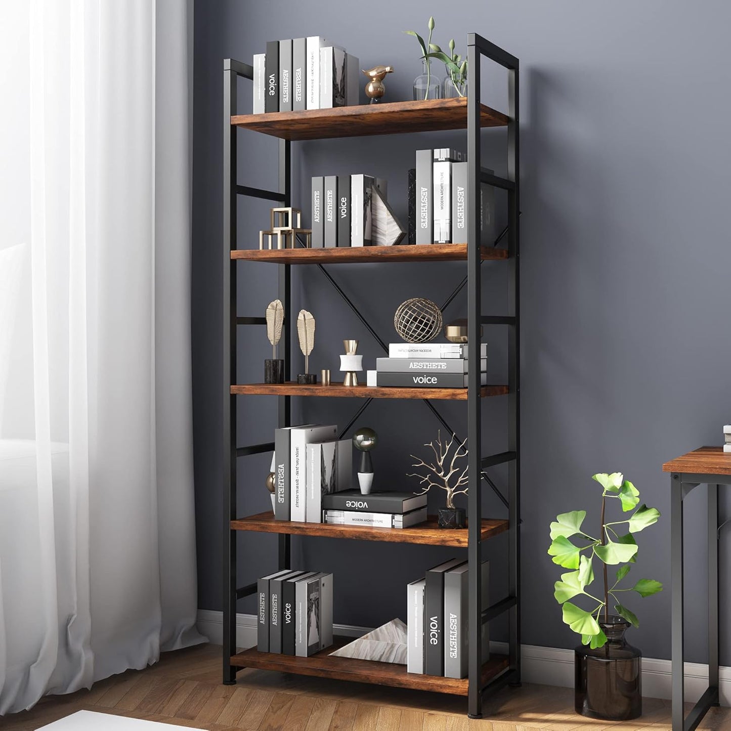 5 Tier Multifunction Heavy Duty Bookcase Rustic Wood & Steel Storage Shelf Organizer