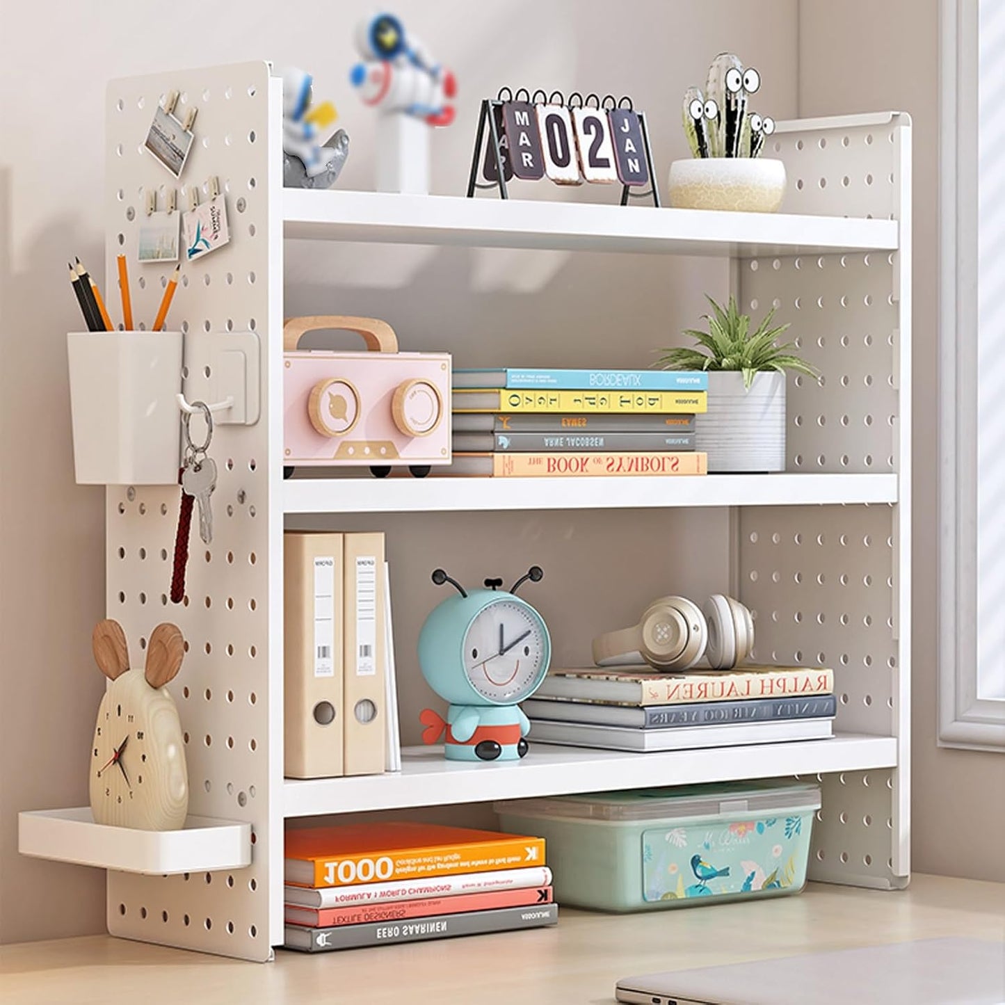 Multifunction Wooden Metal Desktop Bookshelf Pegboard Organizer Rack (White)