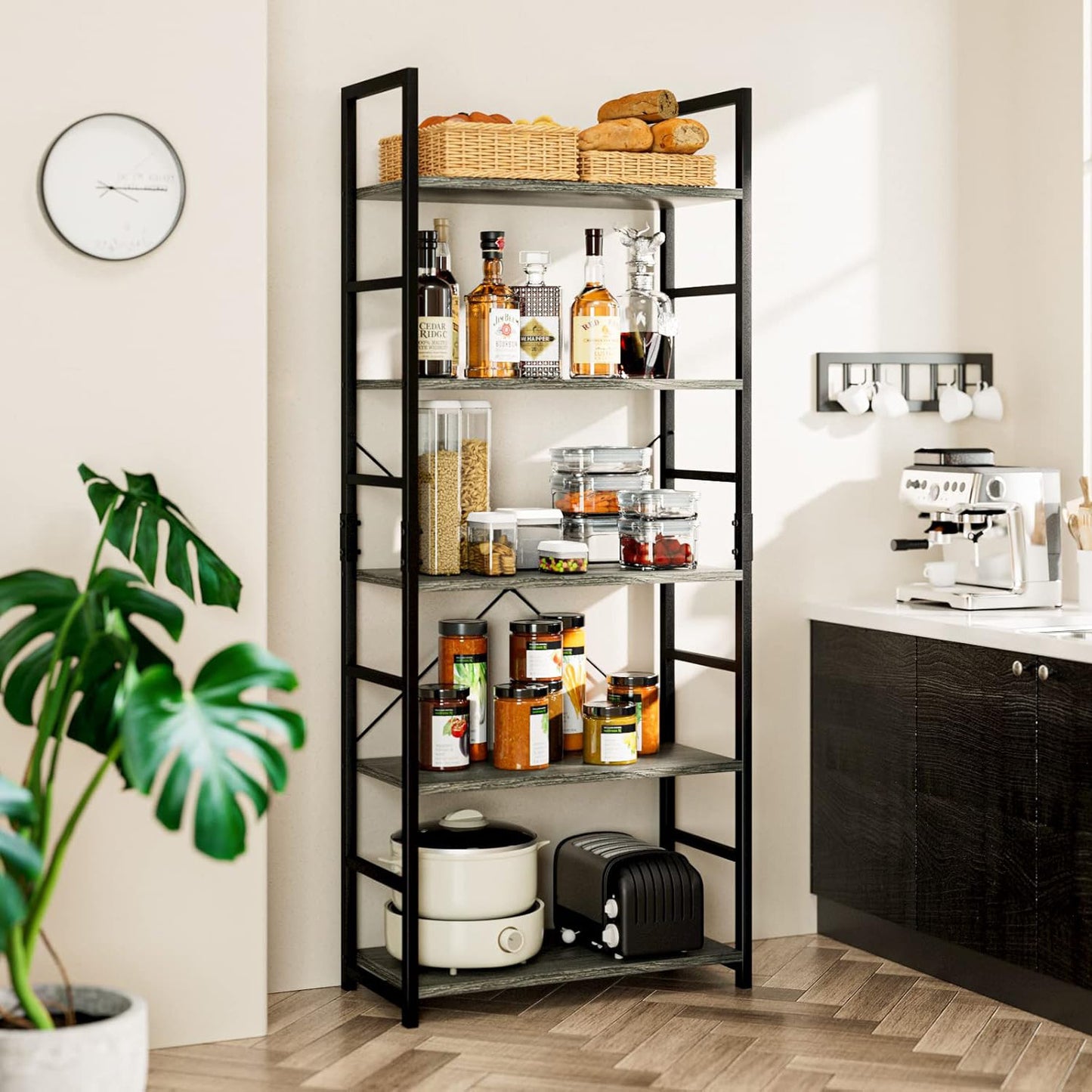 5 Tier Multifunction Heavy Duty Bookcase Wood & Steel Storage Shelf Organizer (Driftwood Grey)