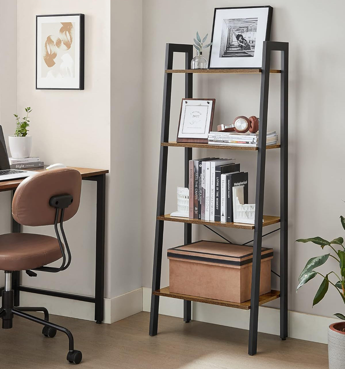Elevate Rustic Wood & Metal 4-Tier Ladder Shelf Bookcase Storage Organizer