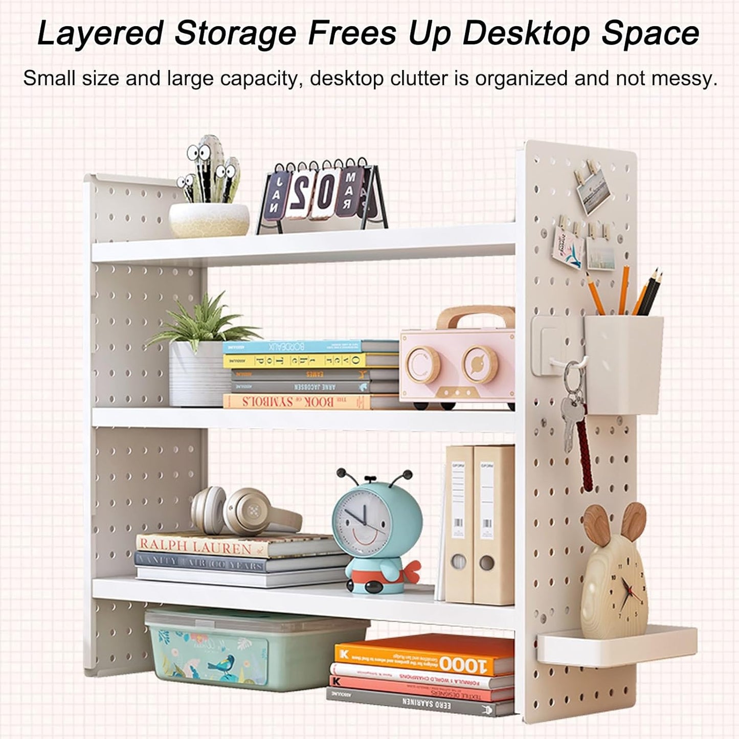 Multifunction Wooden Metal Desktop Bookshelf Pegboard Organizer Rack (White)