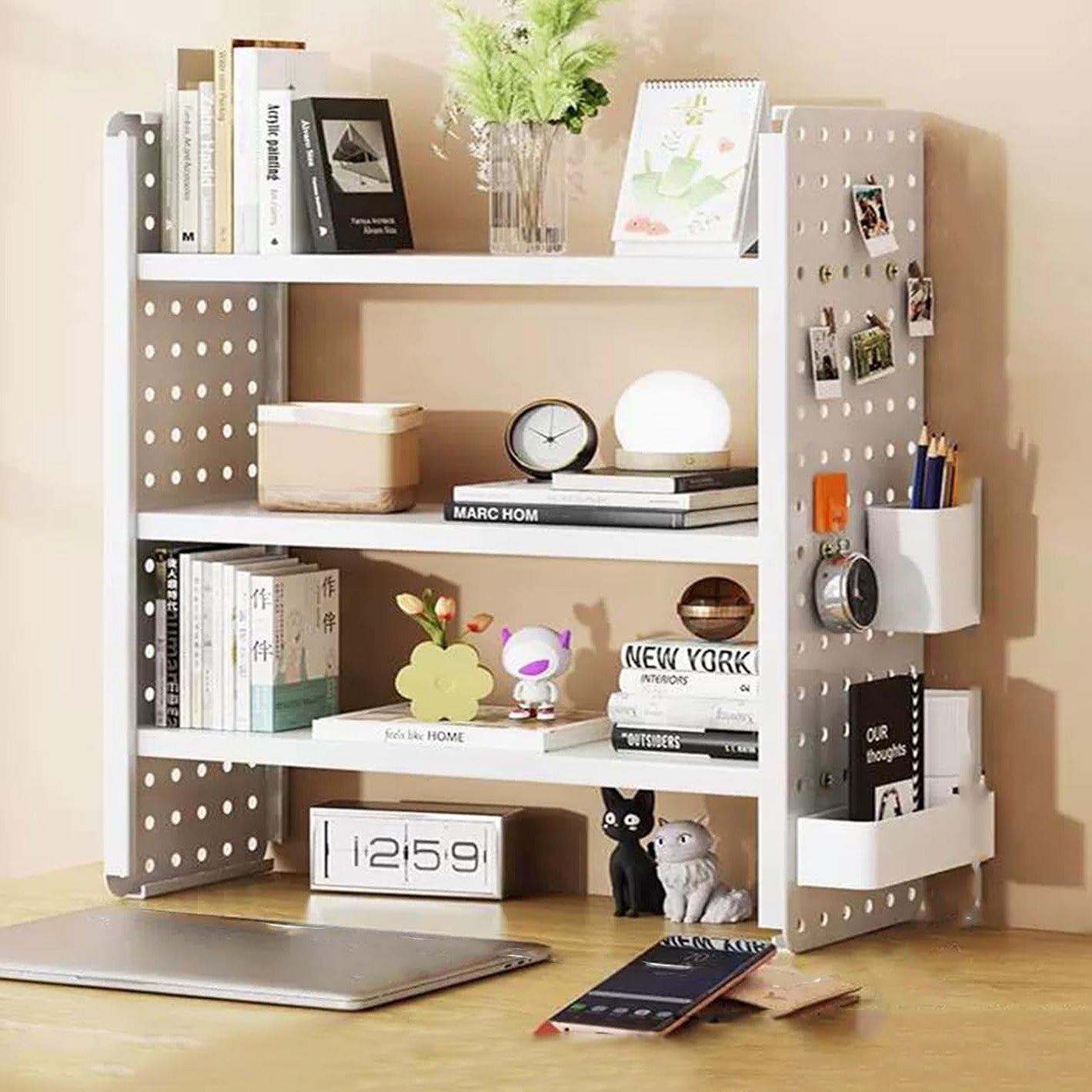 Multifunction Wooden Metal Desktop Bookshelf Pegboard Organizer Rack (White)