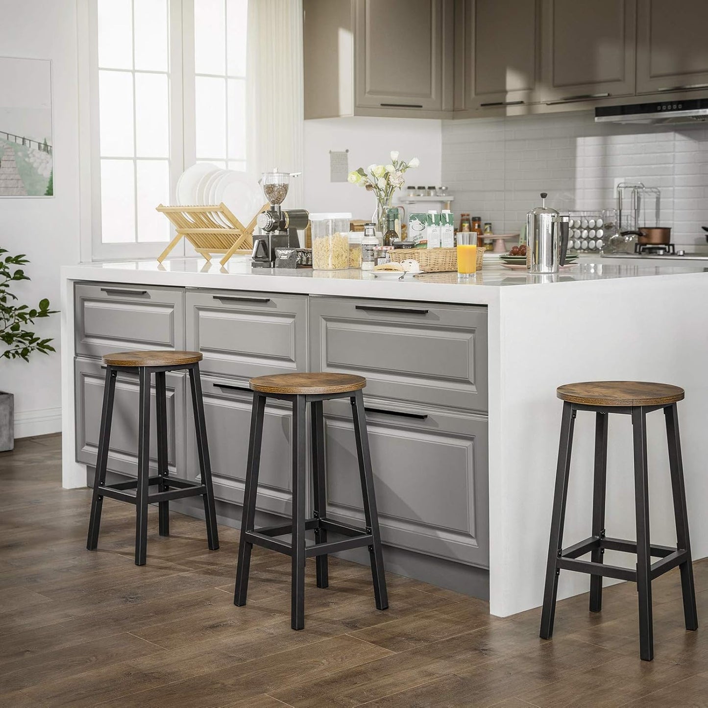 2 x Modern Industrial Bar Stools Rustic Wood & Metal Kitchen Counter Seating