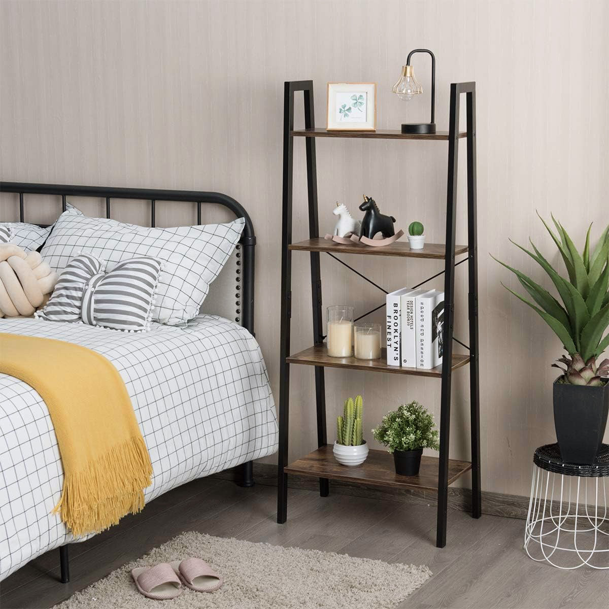 Elevate Rustic Wood & Metal 4-Tier Ladder Shelf Bookcase Storage Organizer