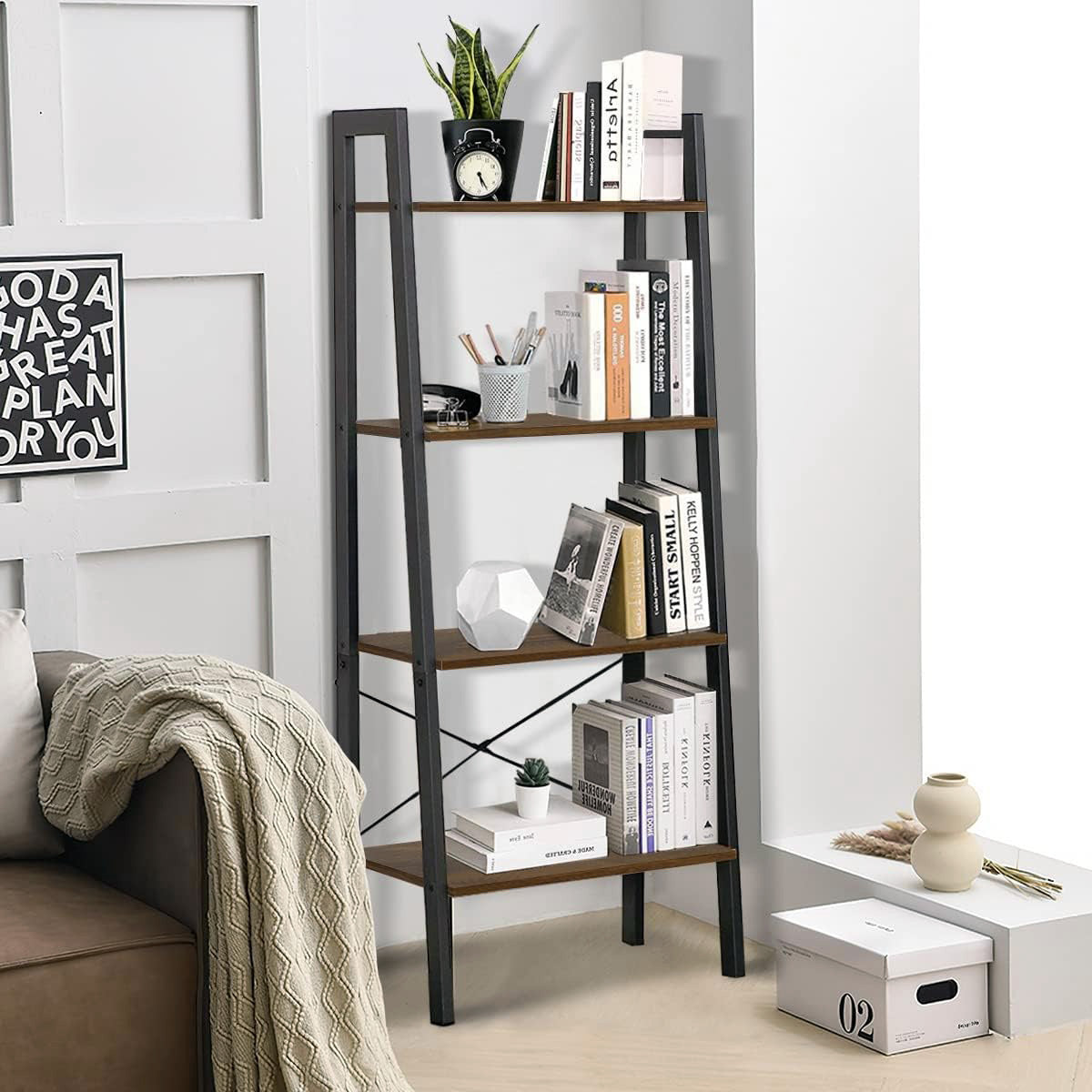 Elevate Rustic Wood & Metal 4-Tier Ladder Shelf Bookcase Storage Organizer