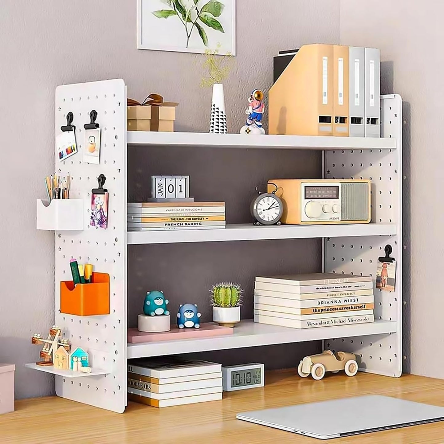 Multifunction Wooden Metal Desktop Bookshelf Pegboard Organizer Rack (White)