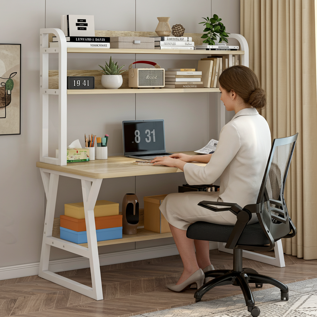 Aspire Large Industrial Office Computer Desk Workstation with Bookshelf (White Oak)