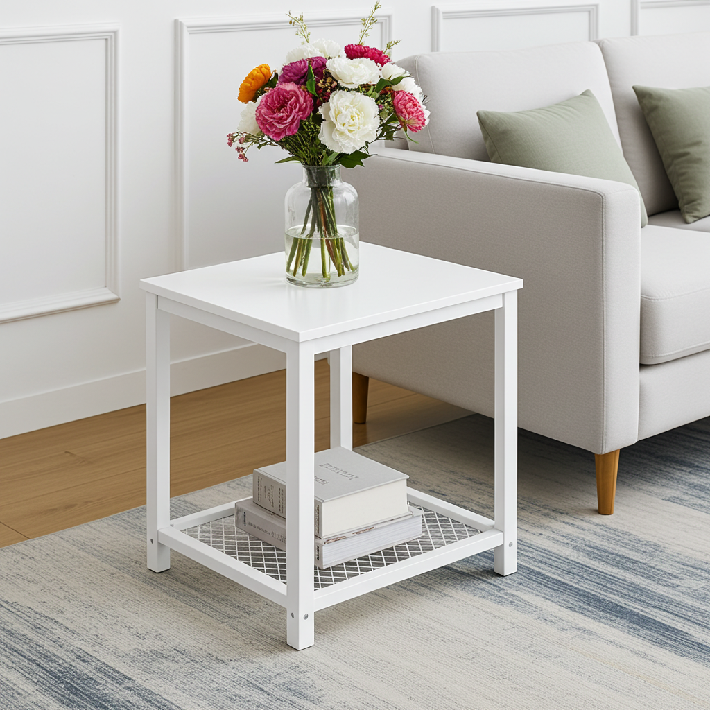Loft White Industrial Wood & Steel Side Table with Storage Shelf
