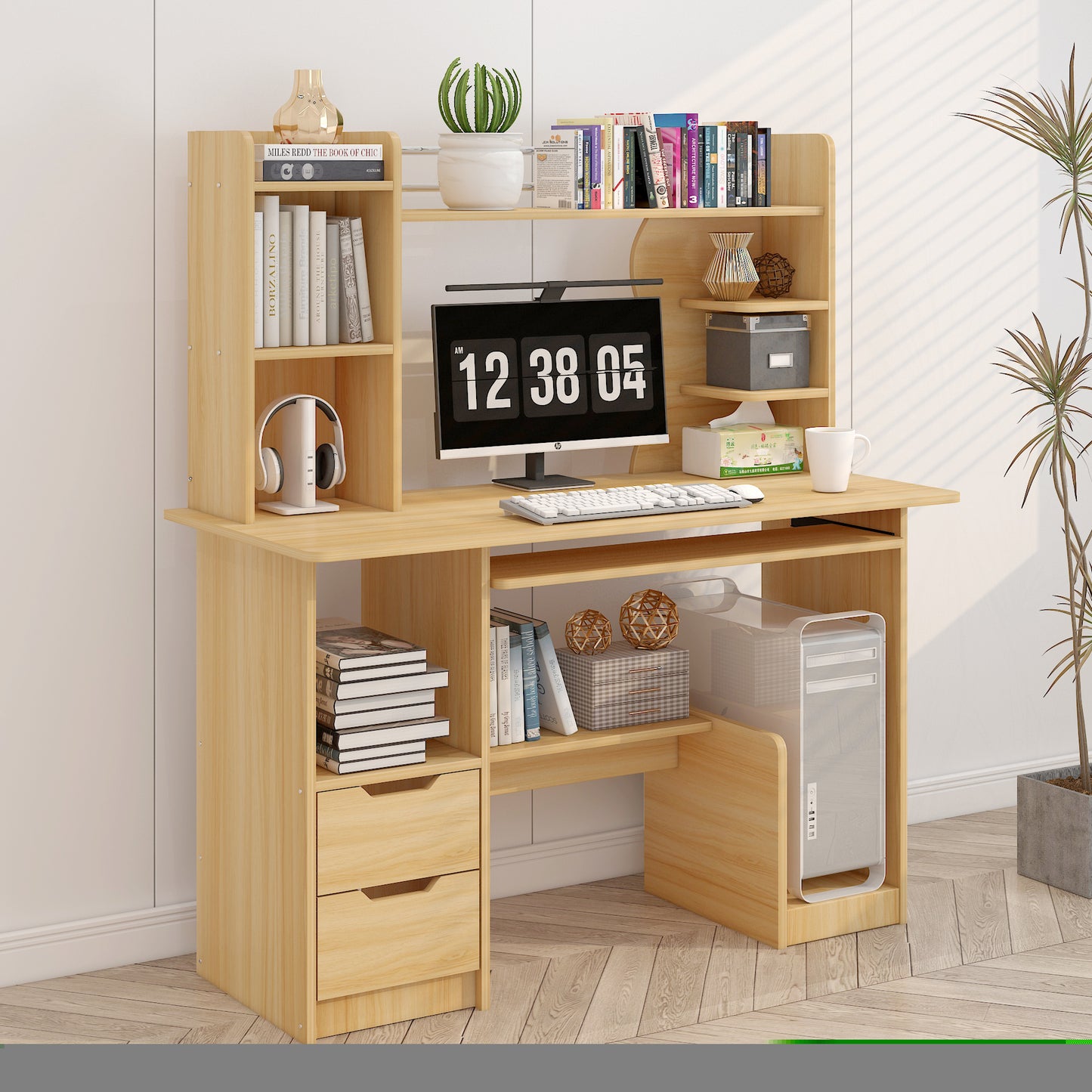 Expert Computer Desk Workstation with Shelf & Cabinet (Oak)