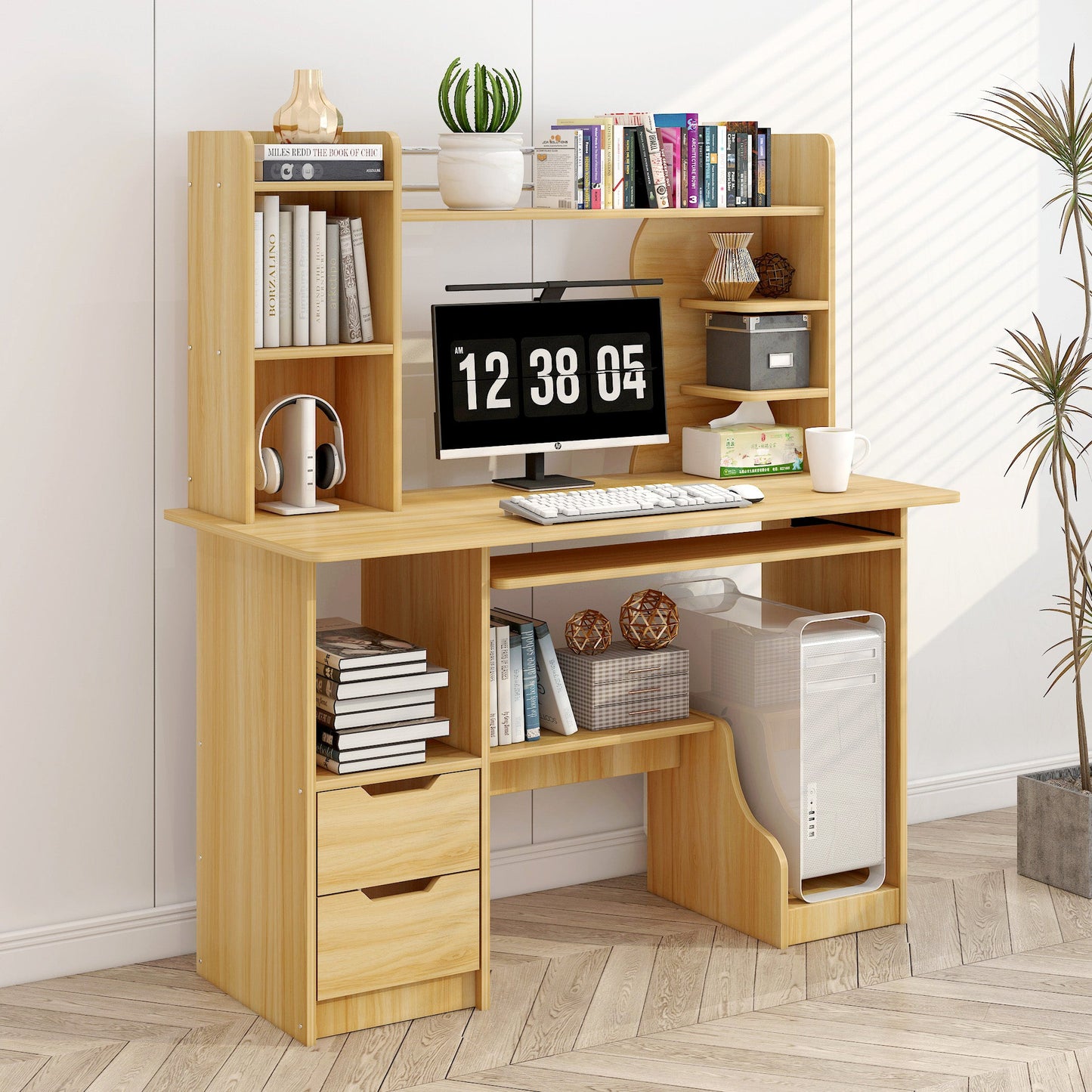 Expert Computer Desk Workstation with Shelf & Cabinet (Oak)