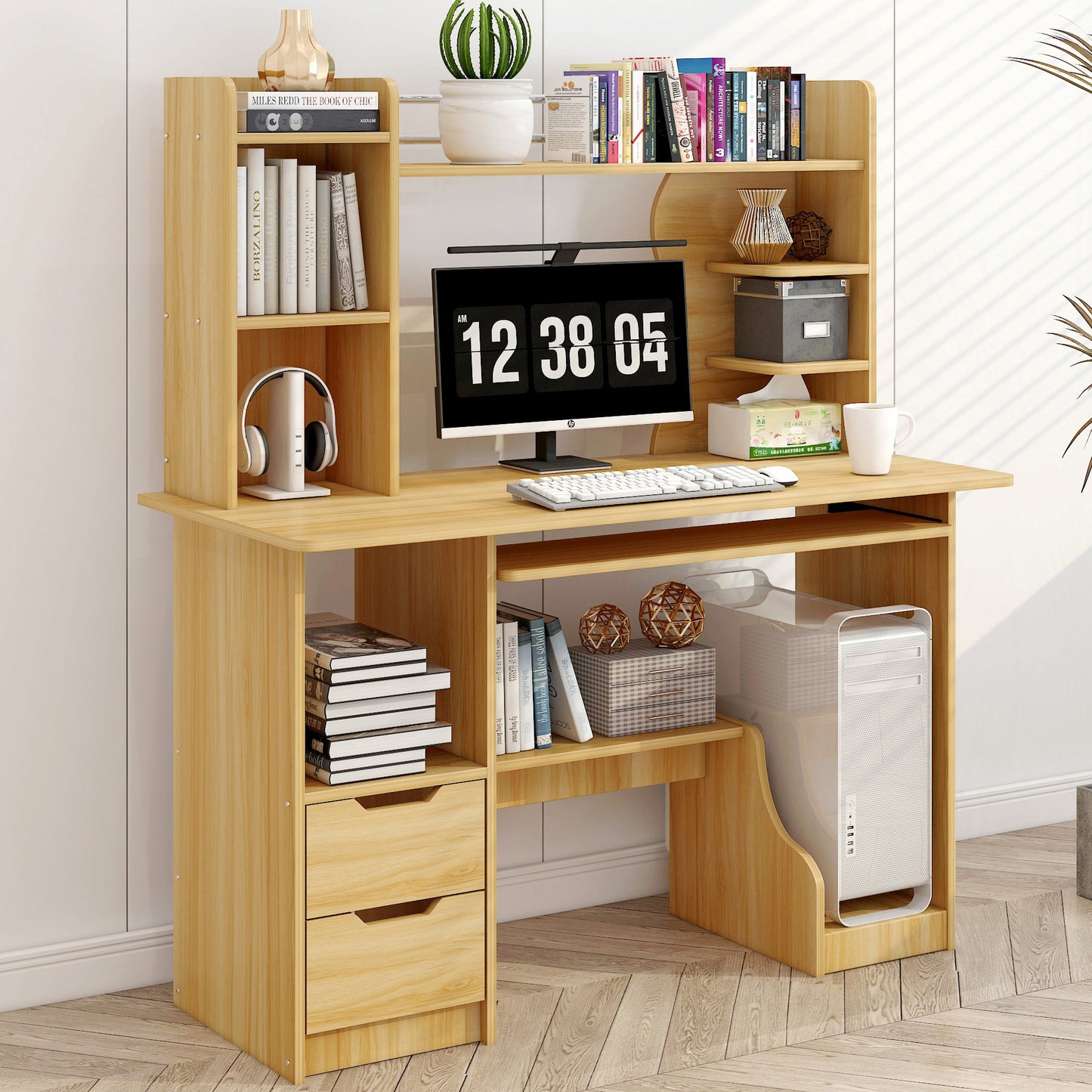 Expert Computer Desk Workstation with Shelf & Cabinet (Oak)