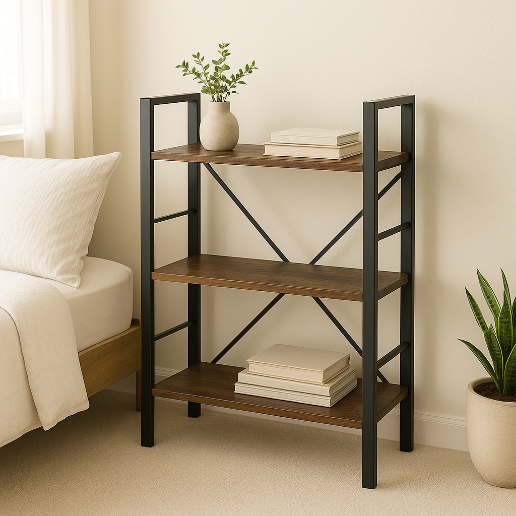 Multifunction Bookcase 3 Tier Rustic Wood Steel Storage Shelf Organizer