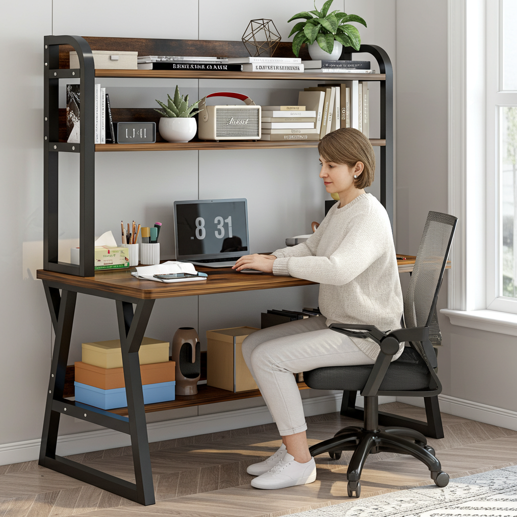 Aspire Large Industrial Office Computer Desk Workstation with Bookshelf (Rustic Wood)