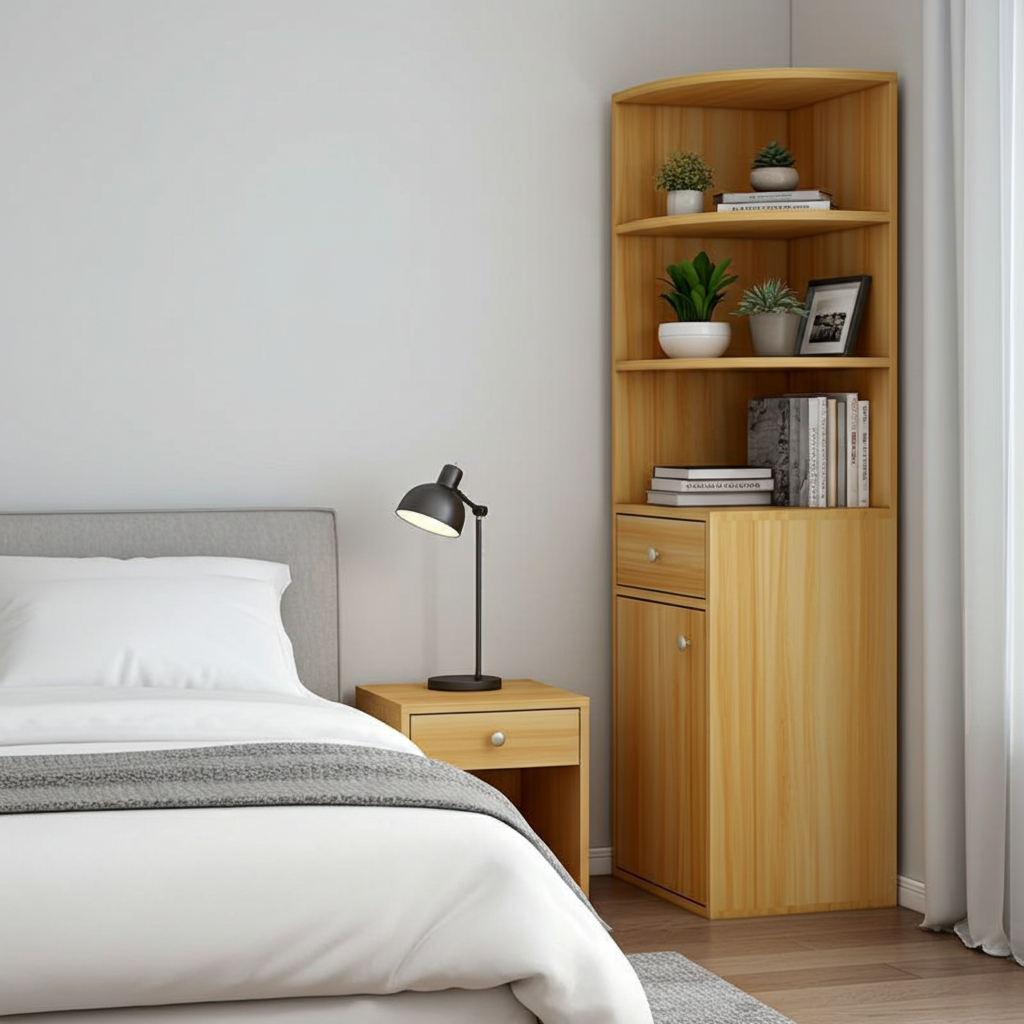 Vision Stylish Wooden Corner Shelf Unit with Cabinet & Drawer (Oak)