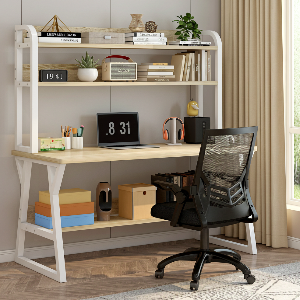 Aspire Large Industrial Office Computer Desk Workstation with Bookshelf (White Oak)