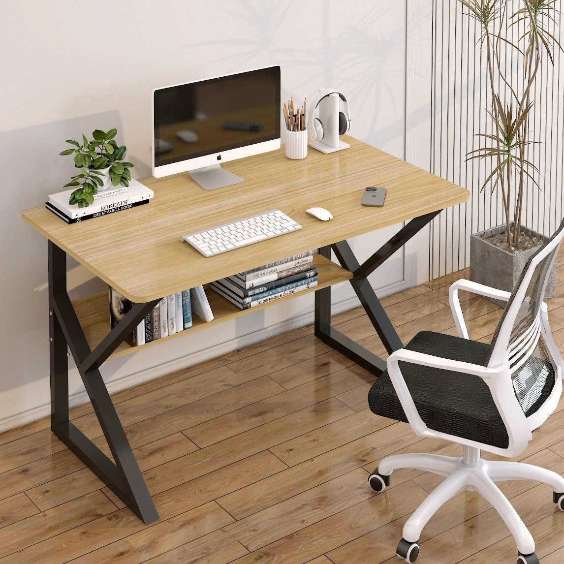 Kori Wood & Metal Computer Desk with Shelf (Oak)
