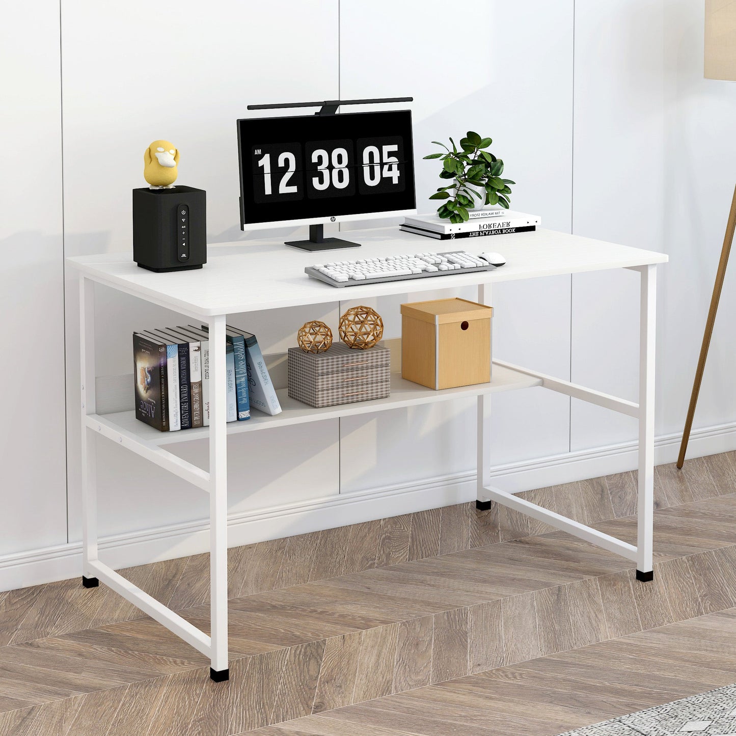 Studio Wood & Metal Computer Desk with Shelf (White)