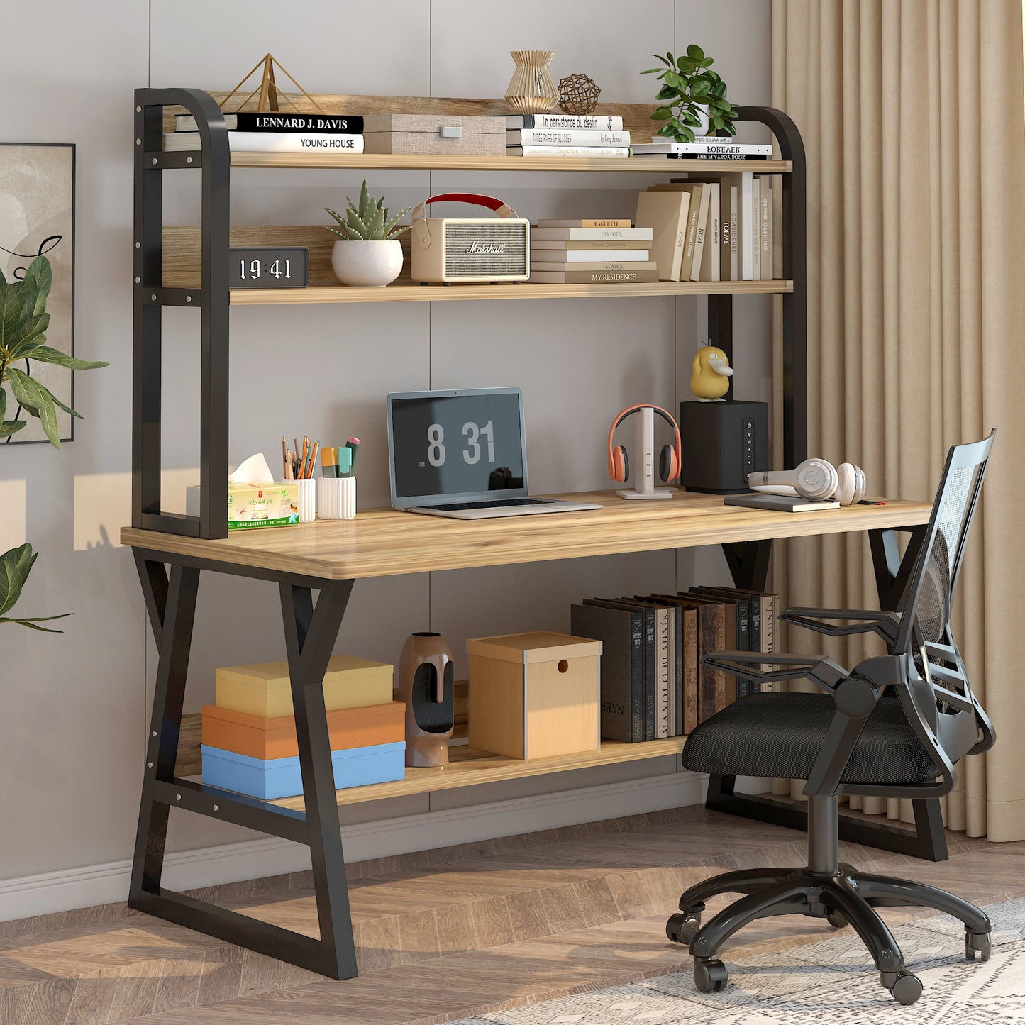Aspire Large Industrial Office Computer Desk Workstation with Bookshelf (Oak)