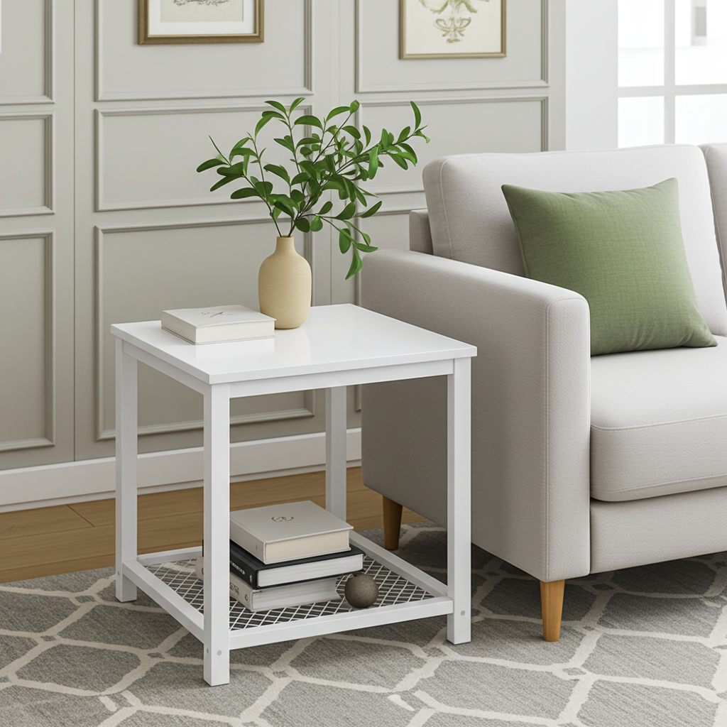 Loft White Industrial Wood & Steel Side Table with Storage Shelf