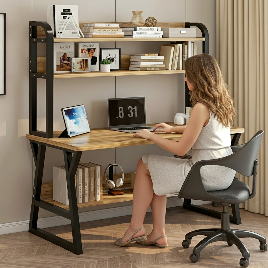 Aspire Large Industrial Office Computer Desk Workstation with Bookshelf (Oak)