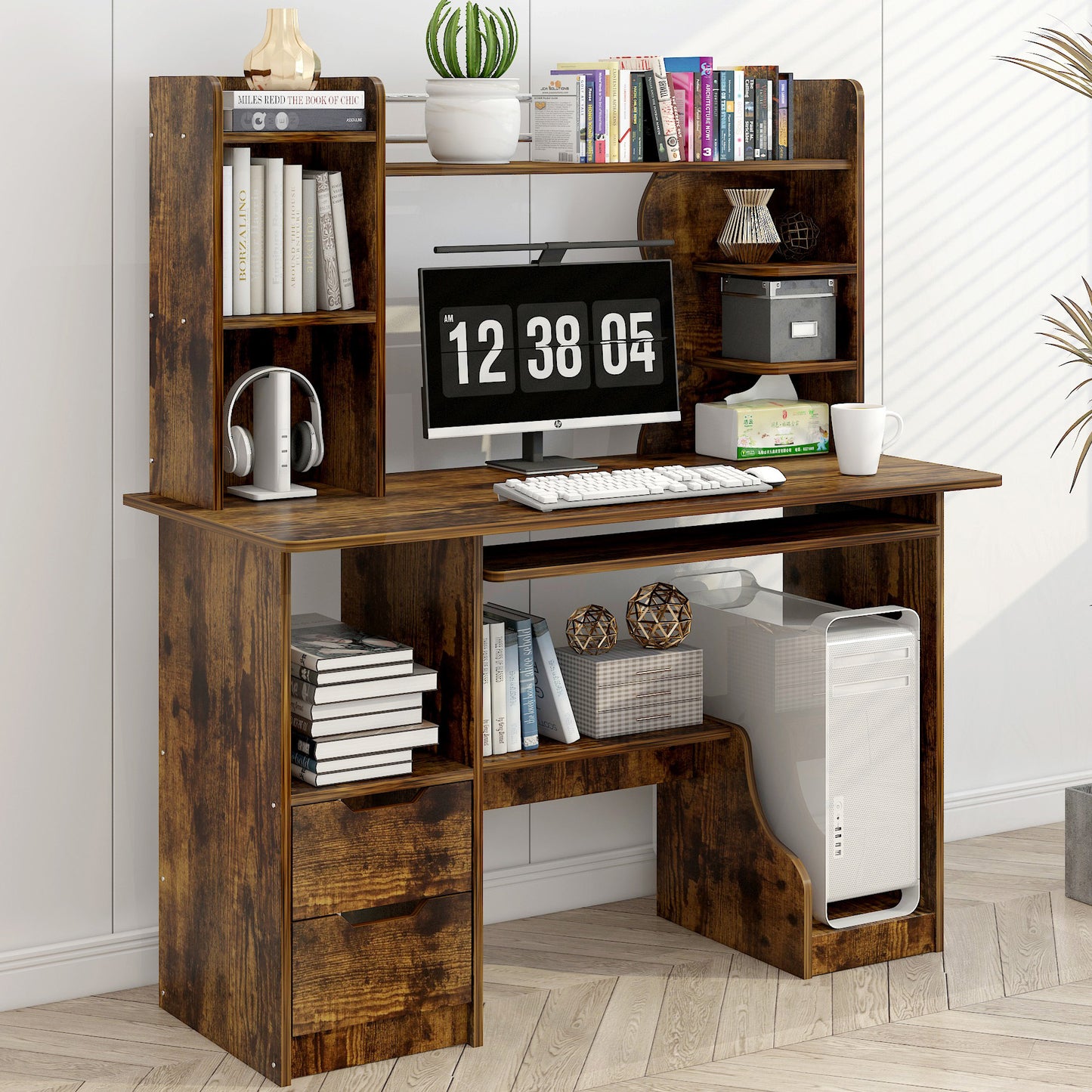 Expert Computer Desk Workstation with Shelf & Cabinet (Rustic Wood)
