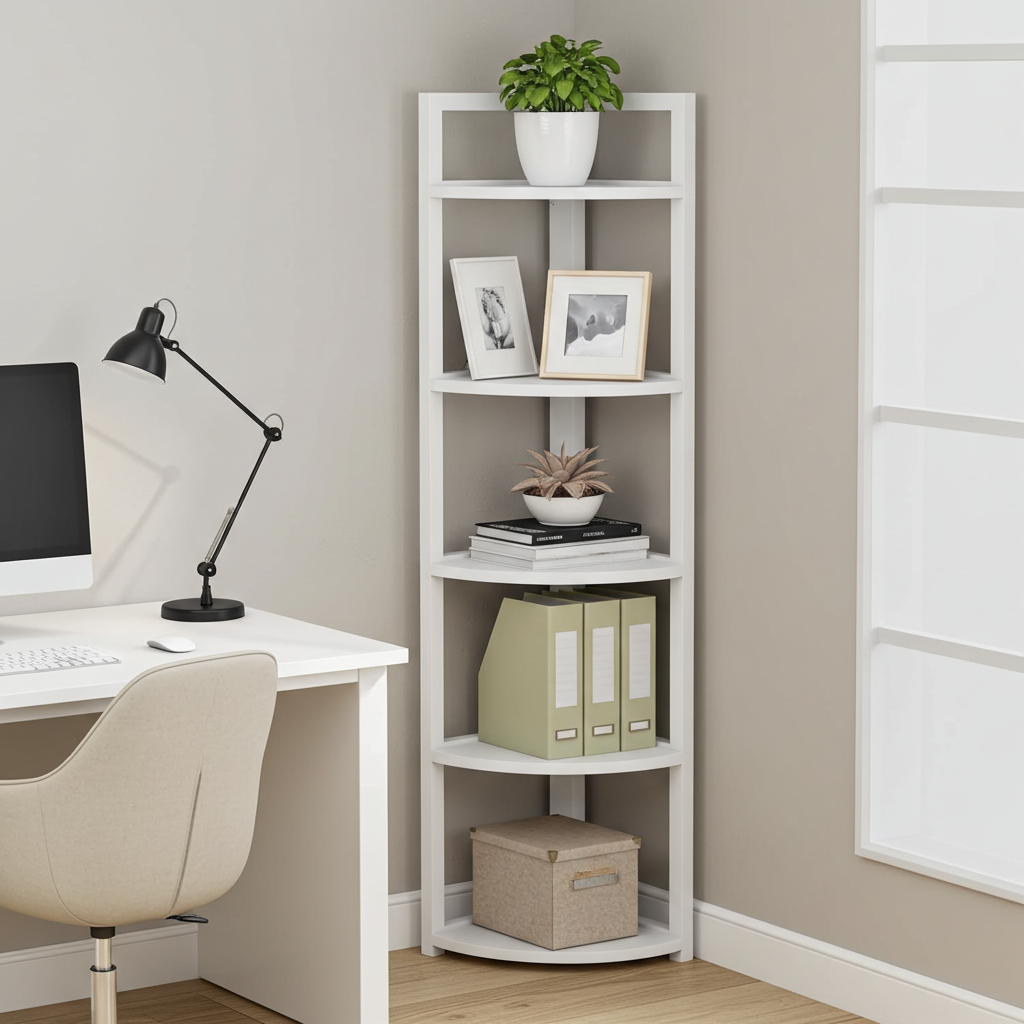 Optima 5 Tier Wood & Steel Corner Shelf Organizer Unit (White)