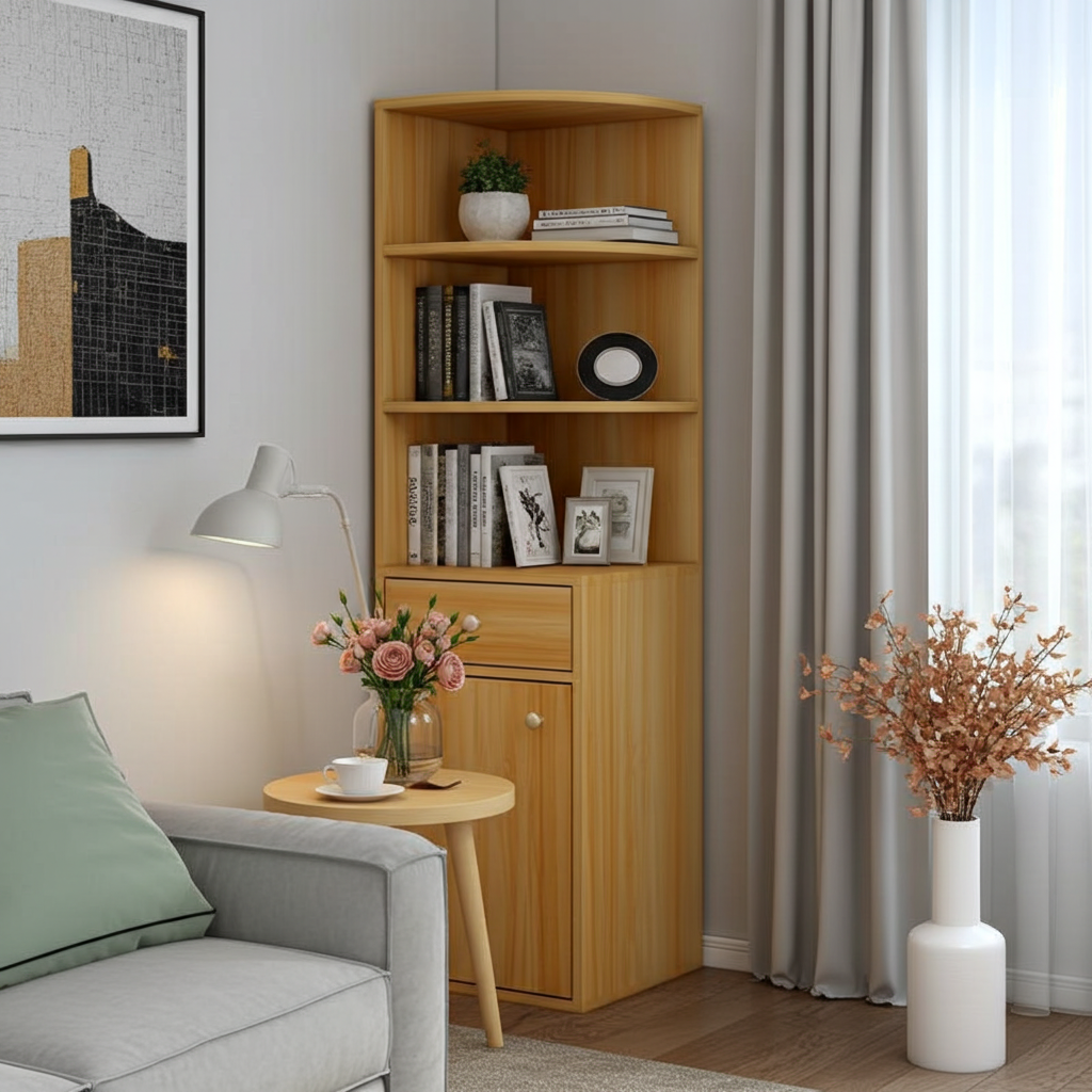 Vision Stylish Wooden Corner Shelf Unit with Cabinet & Drawer (Oak)