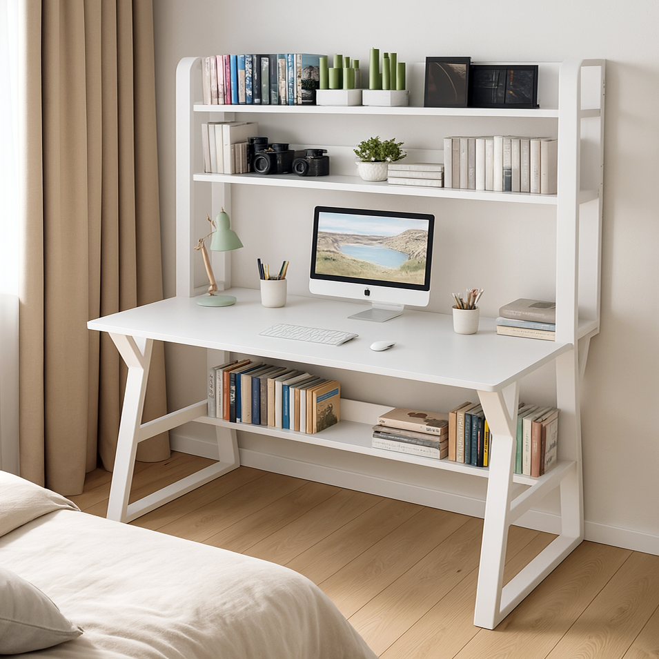 Aspire Large Industrial Office Computer Desk Workstation with Bookshelf (White)