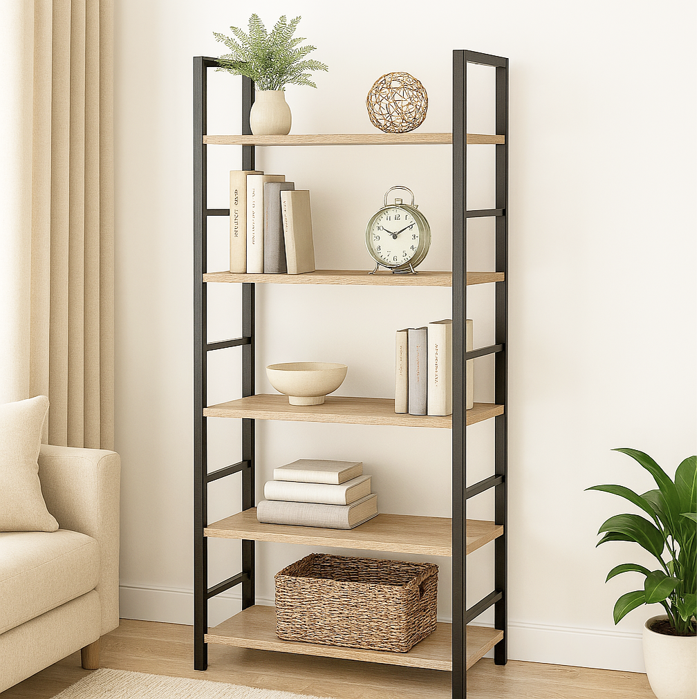 5 Tier Multifunction Heavy Duty Bookcase Wood & Steel Storage Shelf Organizer (Coastal Oak)