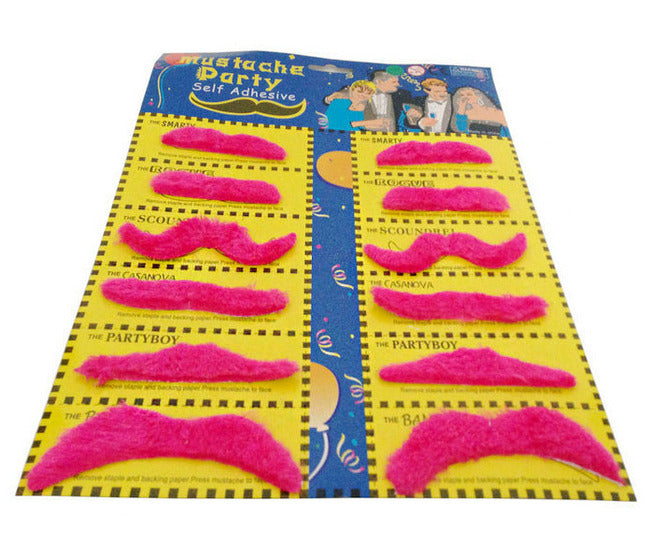 12 Pack Realistic Fake Moustache Set for Costumes, Parties & Cosplay (Pink)
