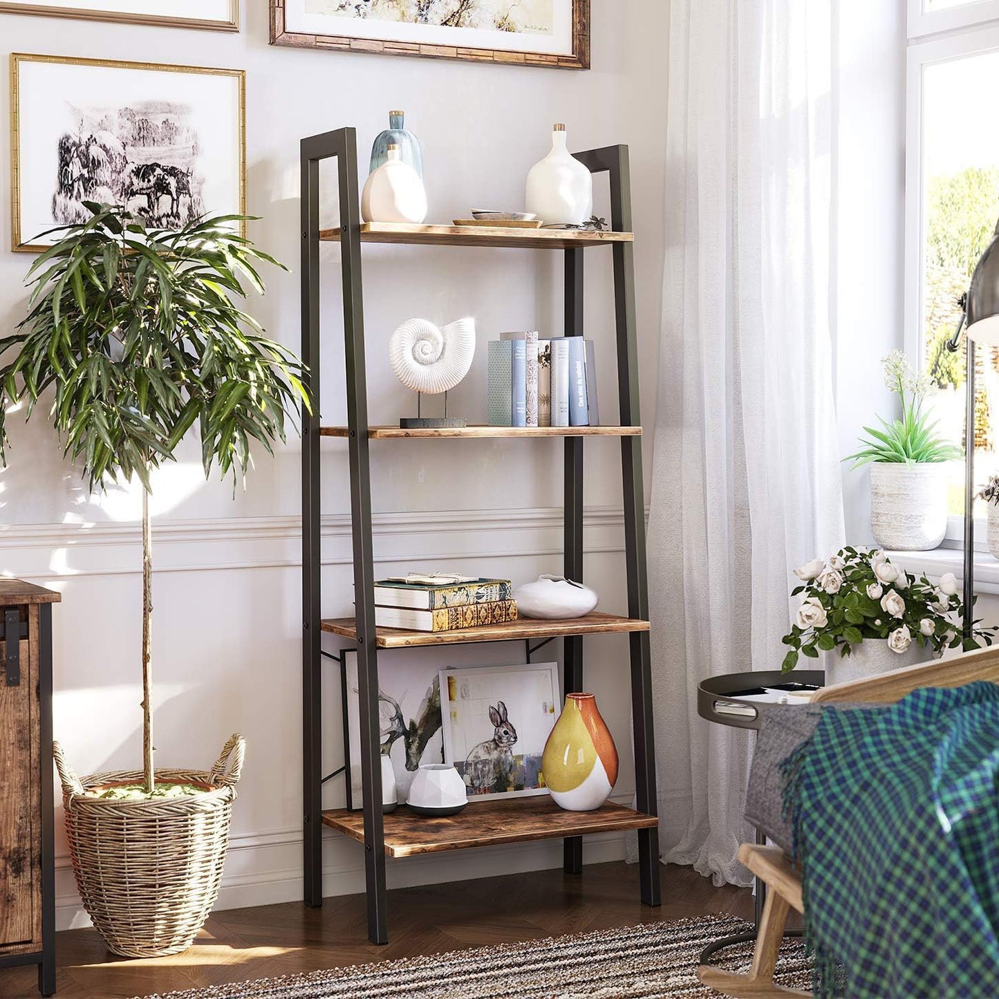 Elevate Rustic Wood & Metal 4-Tier Ladder Shelf Bookcase Storage Organizer