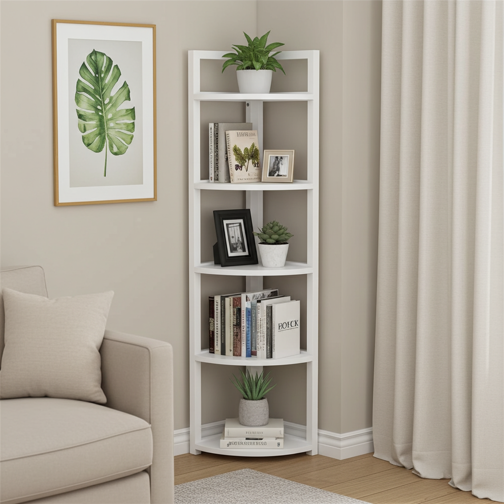 Optima 5 Tier Wood & Steel Corner Shelf Organizer Unit (White)